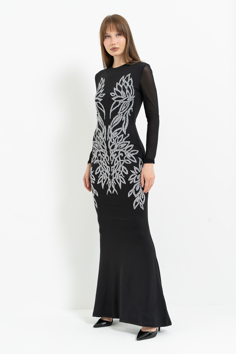 Siyah-Gümüş Uzun Kollu Kontrast Baskılı Tül Elbise