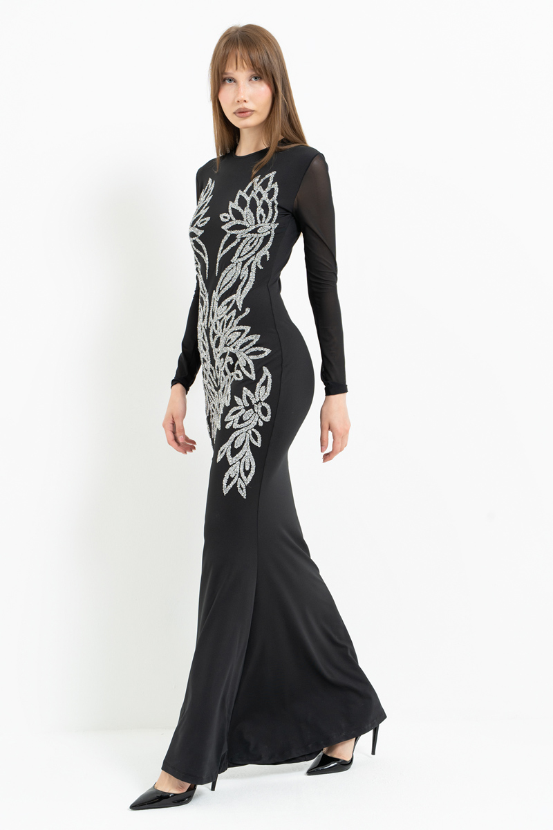 Siyah-Gümüş Uzun Kollu Kontrast Baskılı Tül Elbise