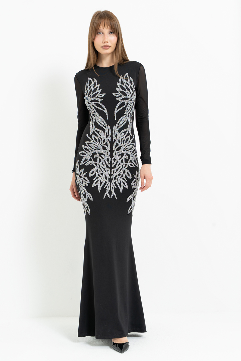 Siyah-Gümüş Uzun Kollu Kontrast Baskılı Tül Elbise