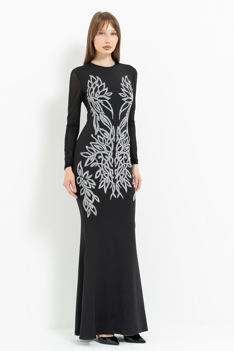 Siyah-Gümüş Uzun Kollu Kontrast Baskılı Tül Elbise