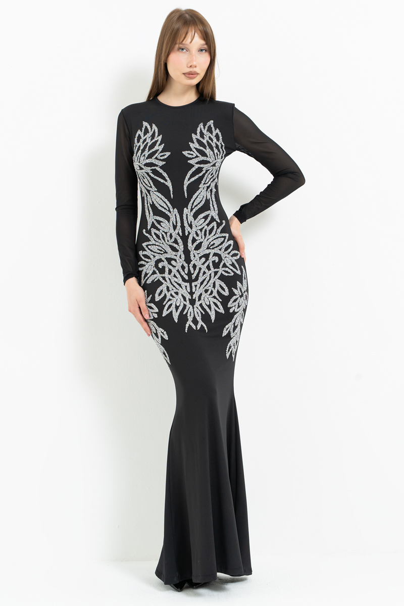 Siyah-Gümüş Uzun Kollu Kontrast Baskılı Tül Elbise