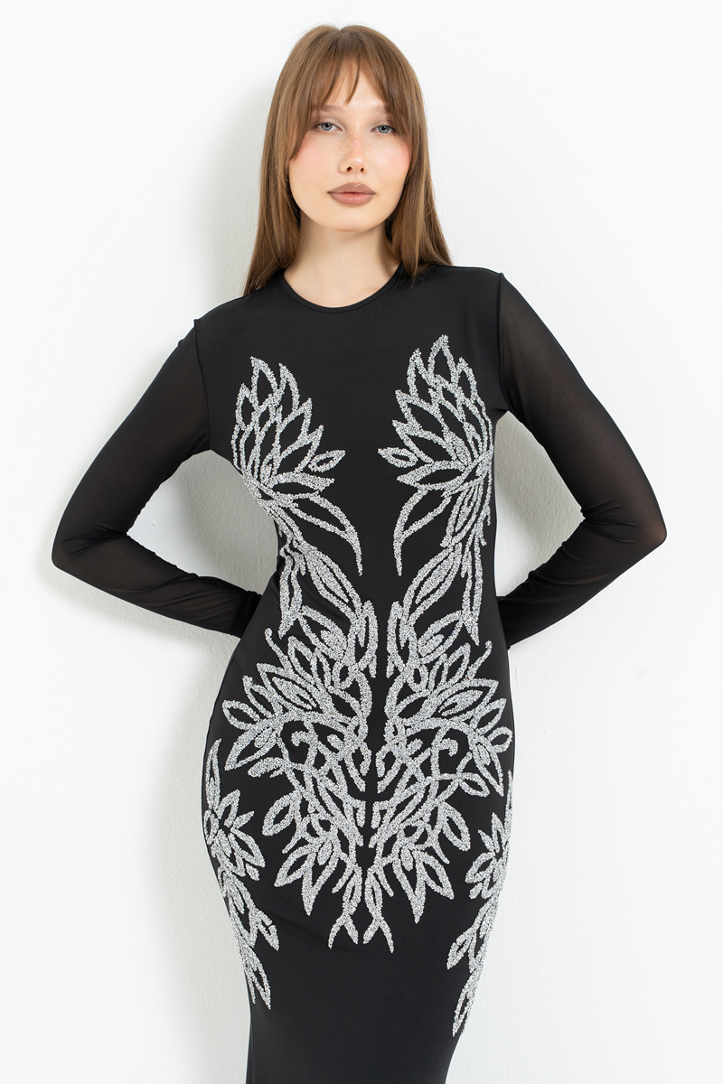 Siyah-Gümüş Uzun Kollu Kontrast Baskılı Tül Elbise