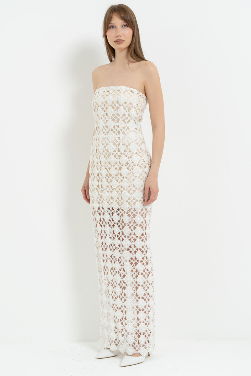 Off white Mini Astarlı Uzun File Elbise