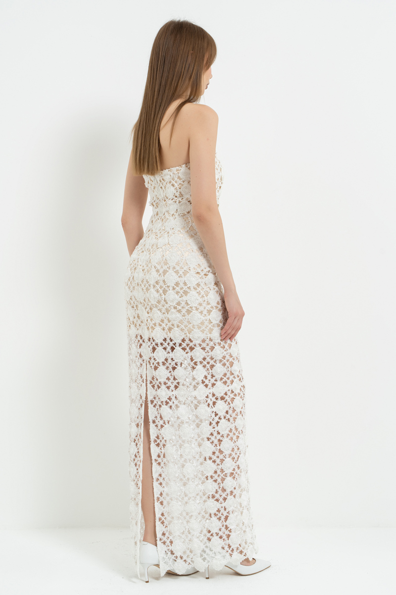 Off white Mini Astarlı Uzun File Elbise