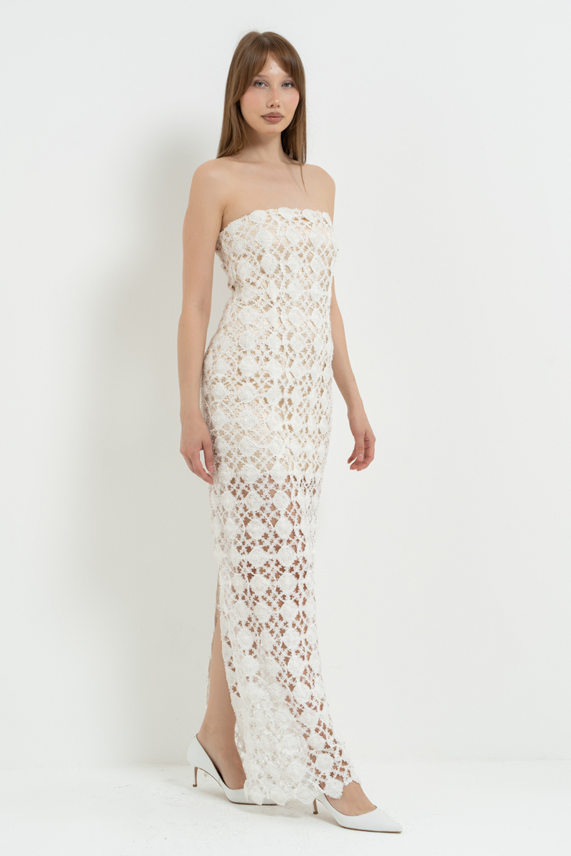 Off white Mini Astarlı Uzun File Elbise