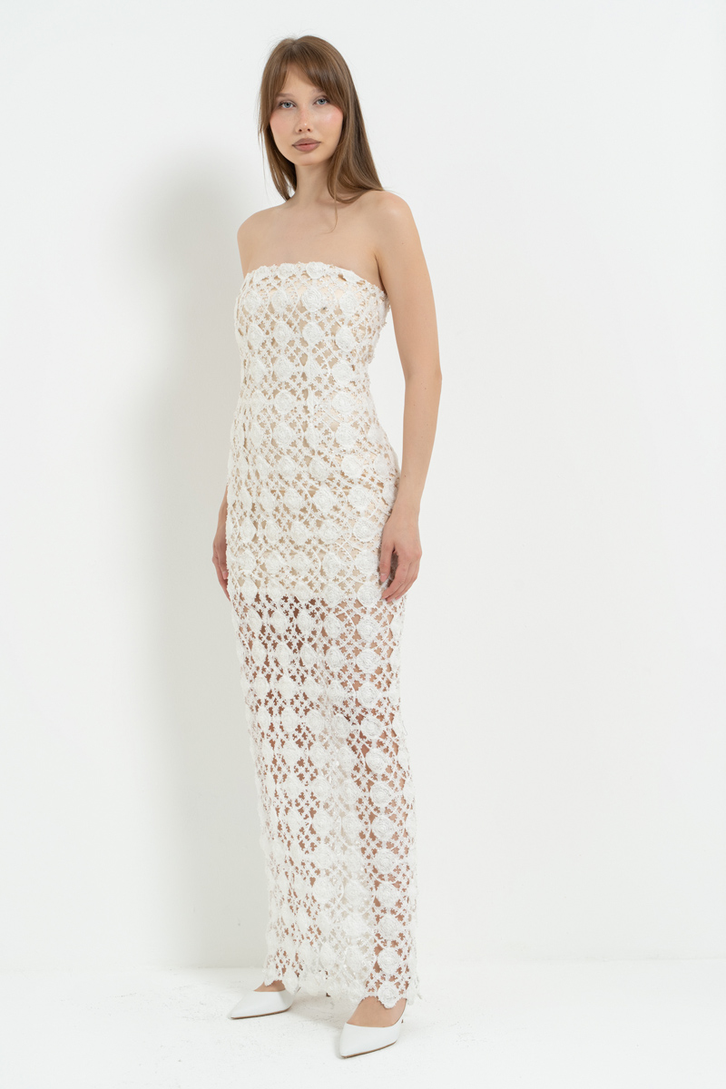 Off white Mini Astarlı Uzun File Elbise