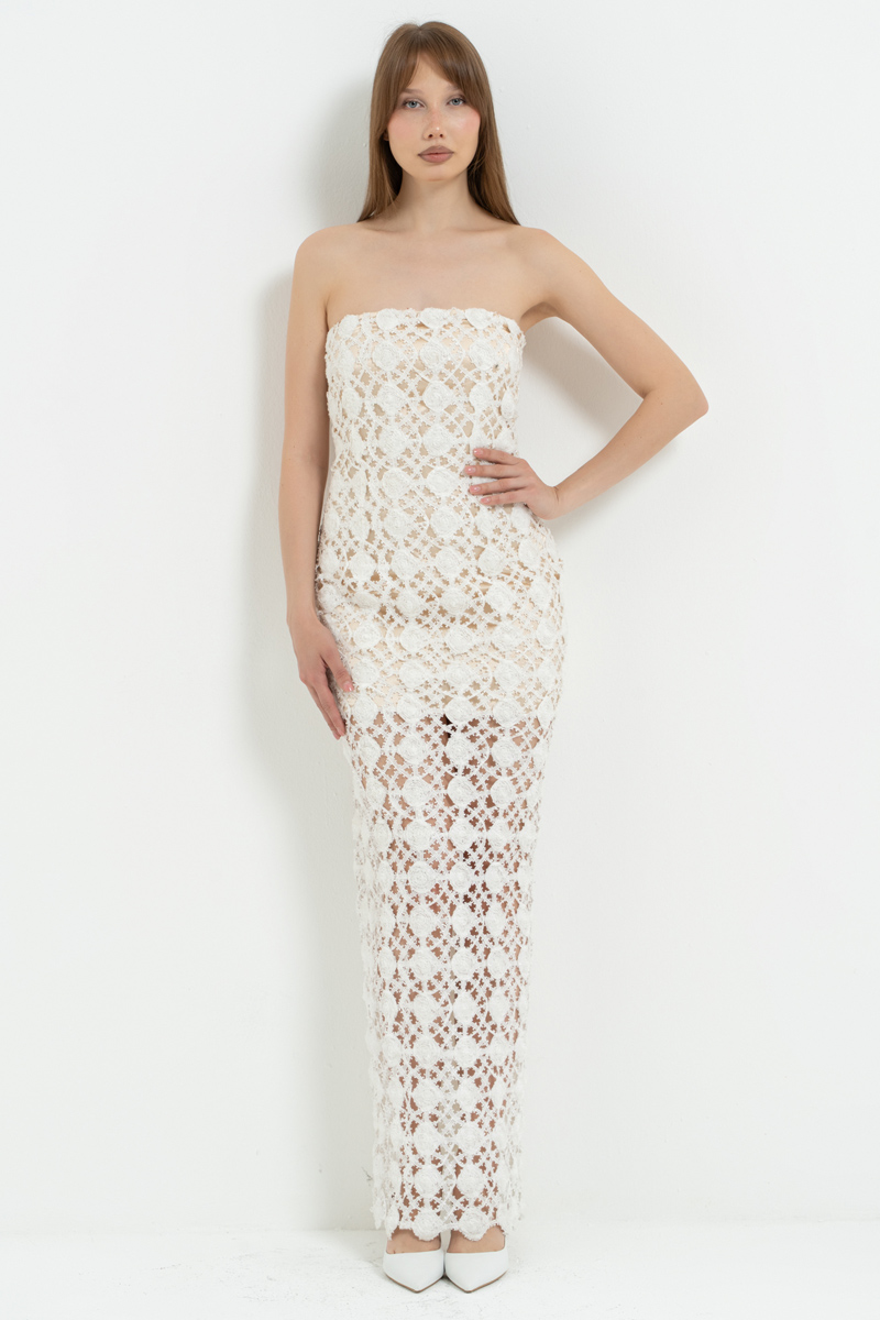 Off white Mini Astarlı Uzun File Elbise