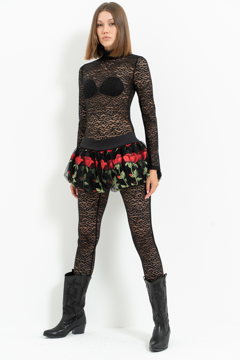 Siyah İşlemeli Mini Balon Etek