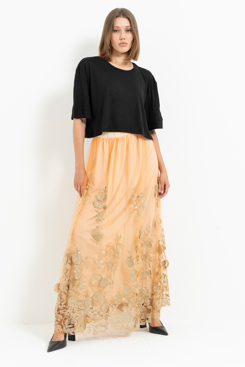 Orange-Beige Çiçek İşlemeli Uzun Tül Etek