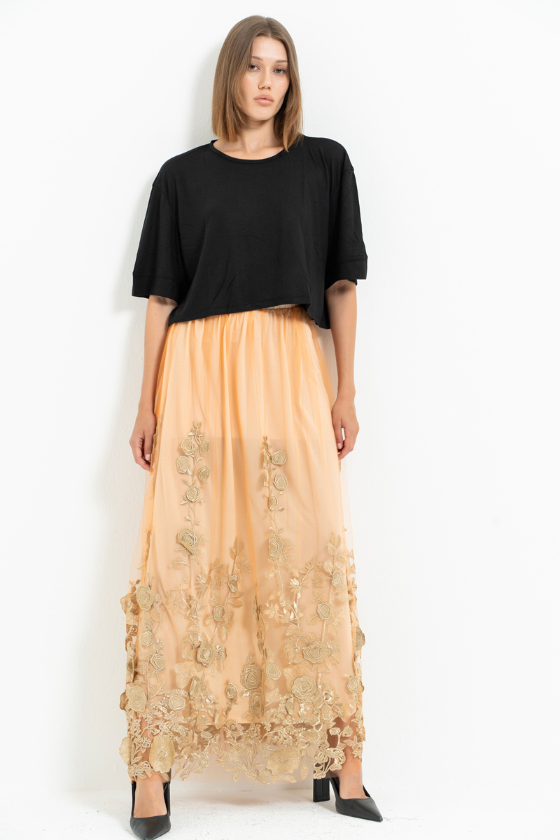 Orange-Beige Çiçek İşlemeli Uzun Tül Etek