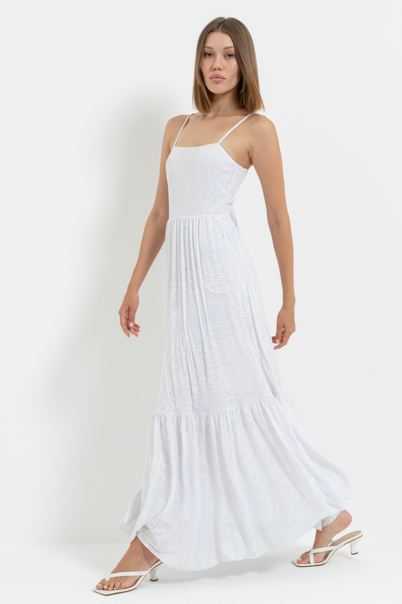 Beyaz Ayarlanabilir Askılı Astarlı Uzun Elbise