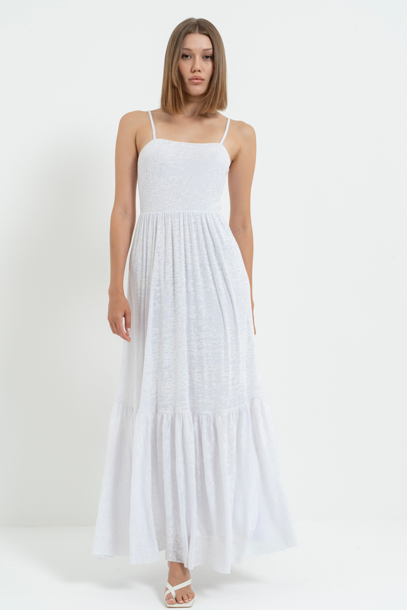 Beyaz Ayarlanabilir Askılı Astarlı Uzun Elbise