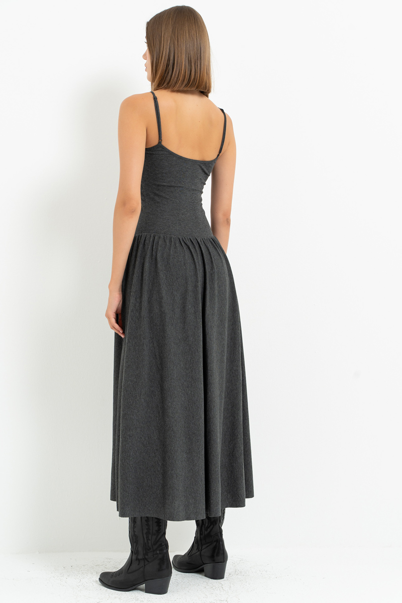 Antrasit İp Askılı Midi Elbise