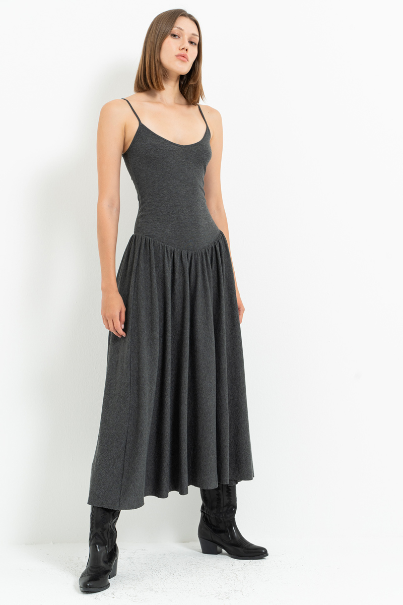 Antrasit İp Askılı Midi Elbise