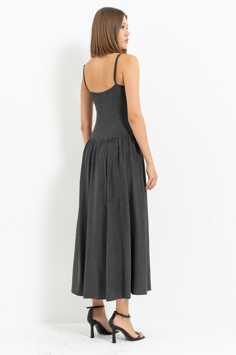 Antrasit İp Askılı Midi Elbise