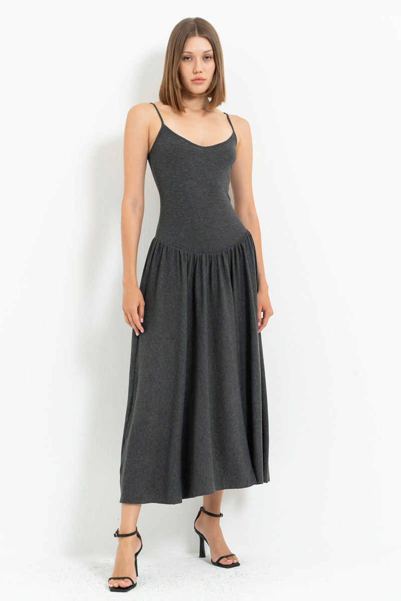 Antrasit İp Askılı Midi Elbise