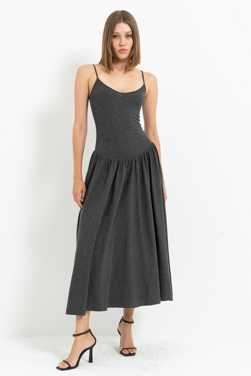 Antrasit İp Askılı Midi Elbise