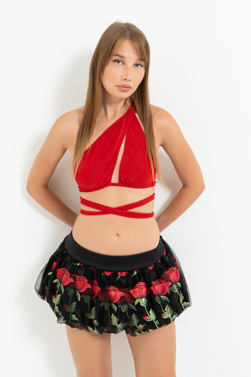 Siyah İşlemeli Mini Balon Etek