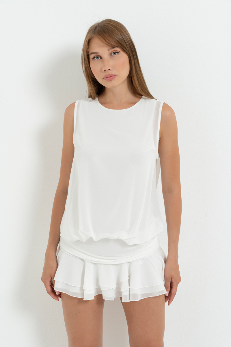 Off white Astarlı Kolsuz Şifon Mini Elbise