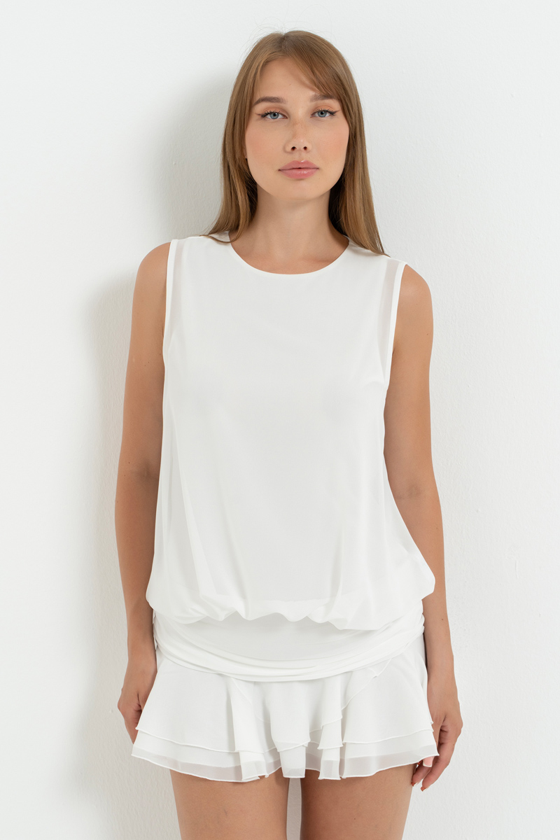 Off white Astarlı Kolsuz Şifon Mini Elbise