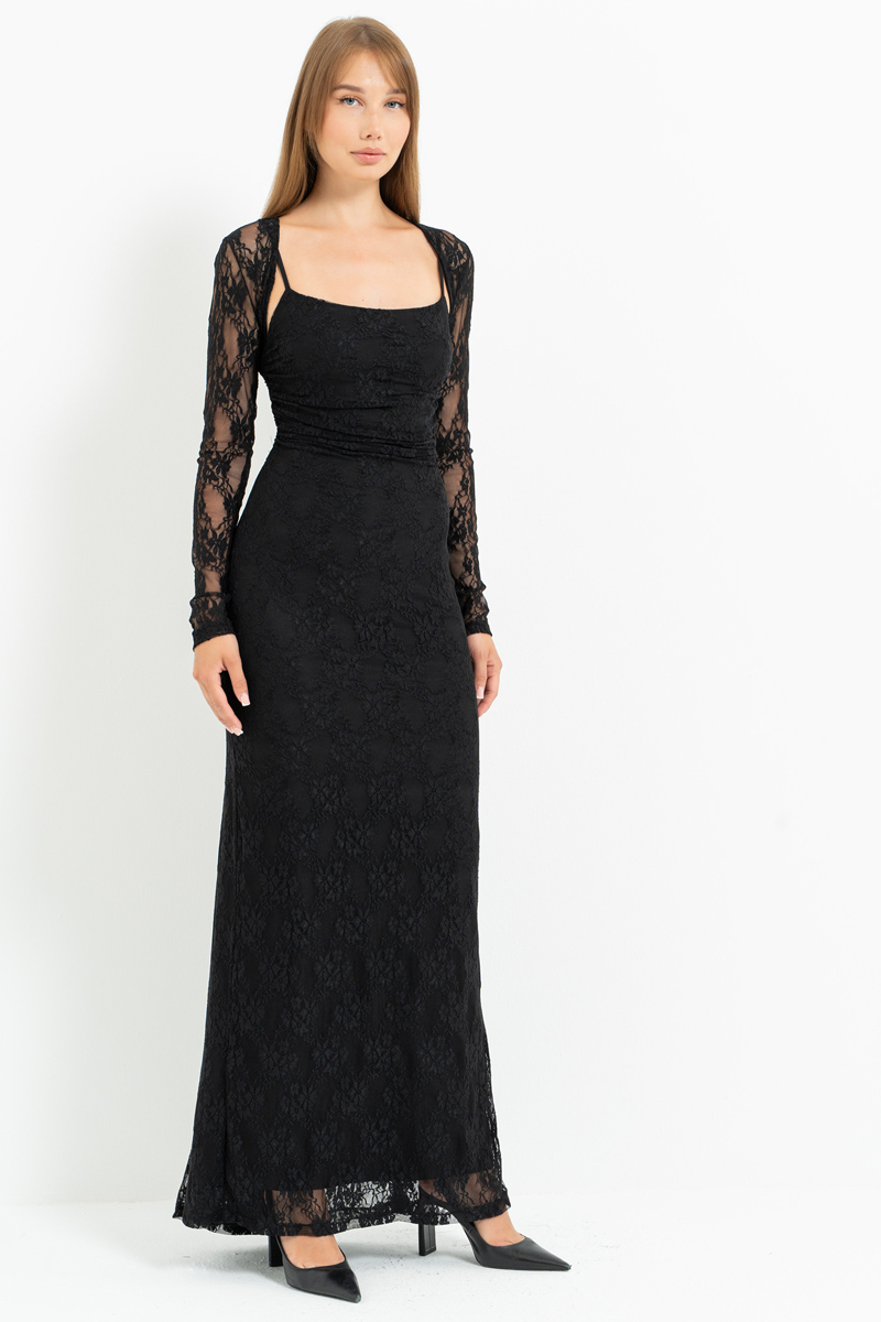 Siyah İp Askılı Uzun Dantel Elbise & Bolero Takım