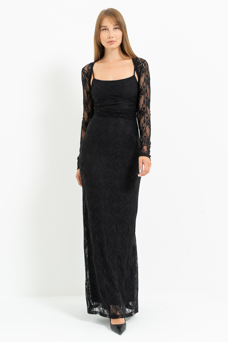 Siyah İp Askılı Uzun Dantel Elbise & Bolero Takım