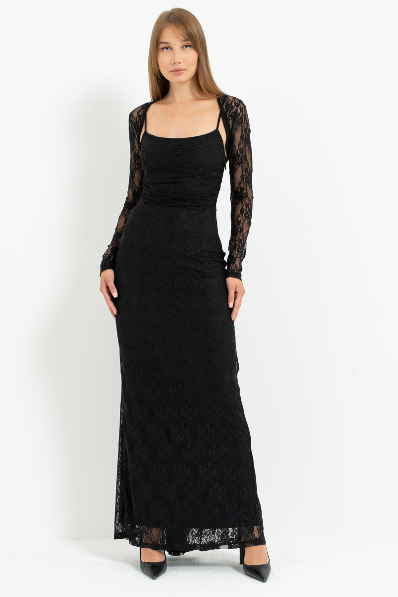 Siyah İp Askılı Uzun Dantel Elbise & Bolero Takım