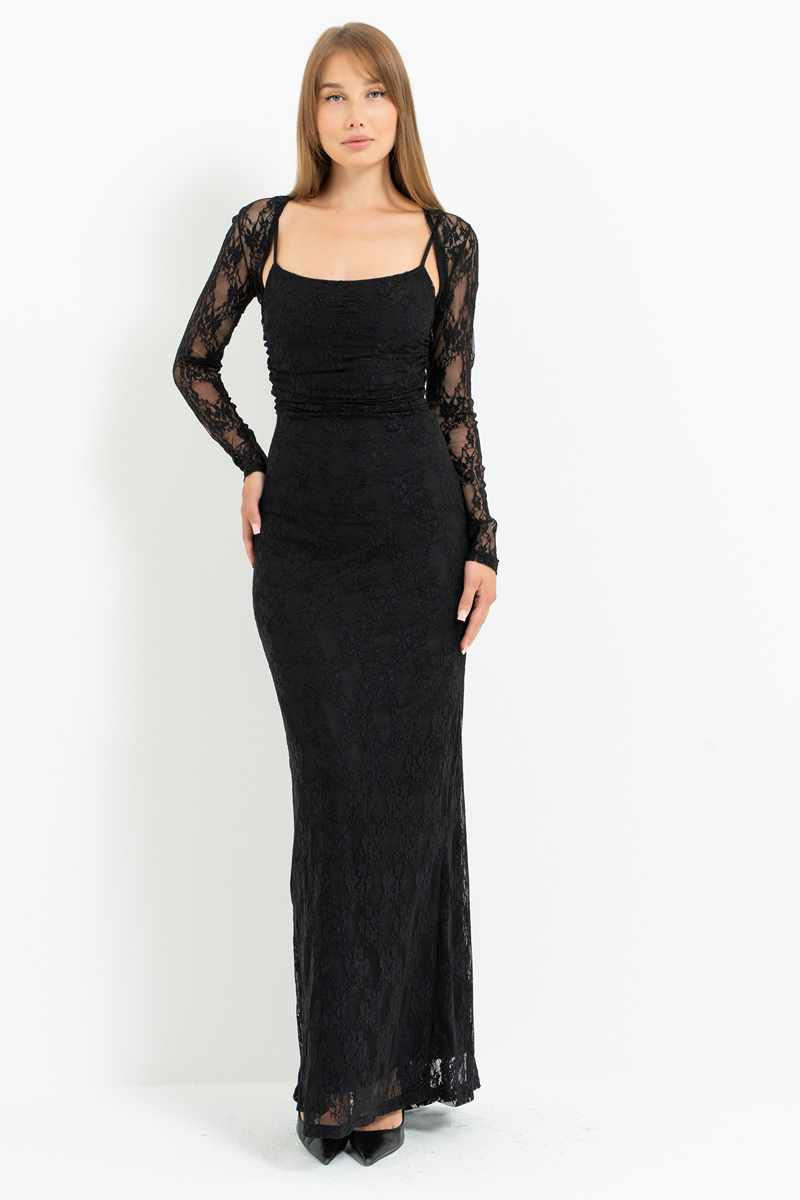 Siyah İp Askılı Uzun Dantel Elbise & Bolero Takım