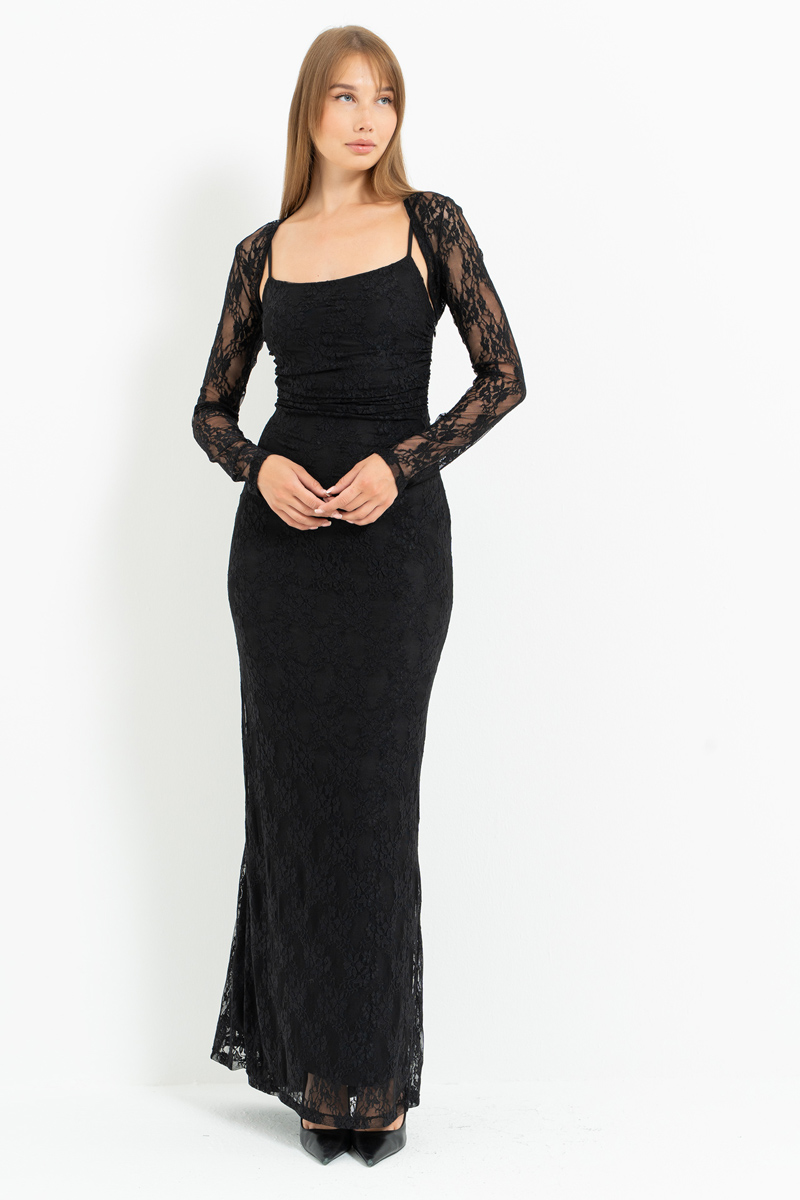 Siyah İp Askılı Uzun Dantel Elbise & Bolero Takım