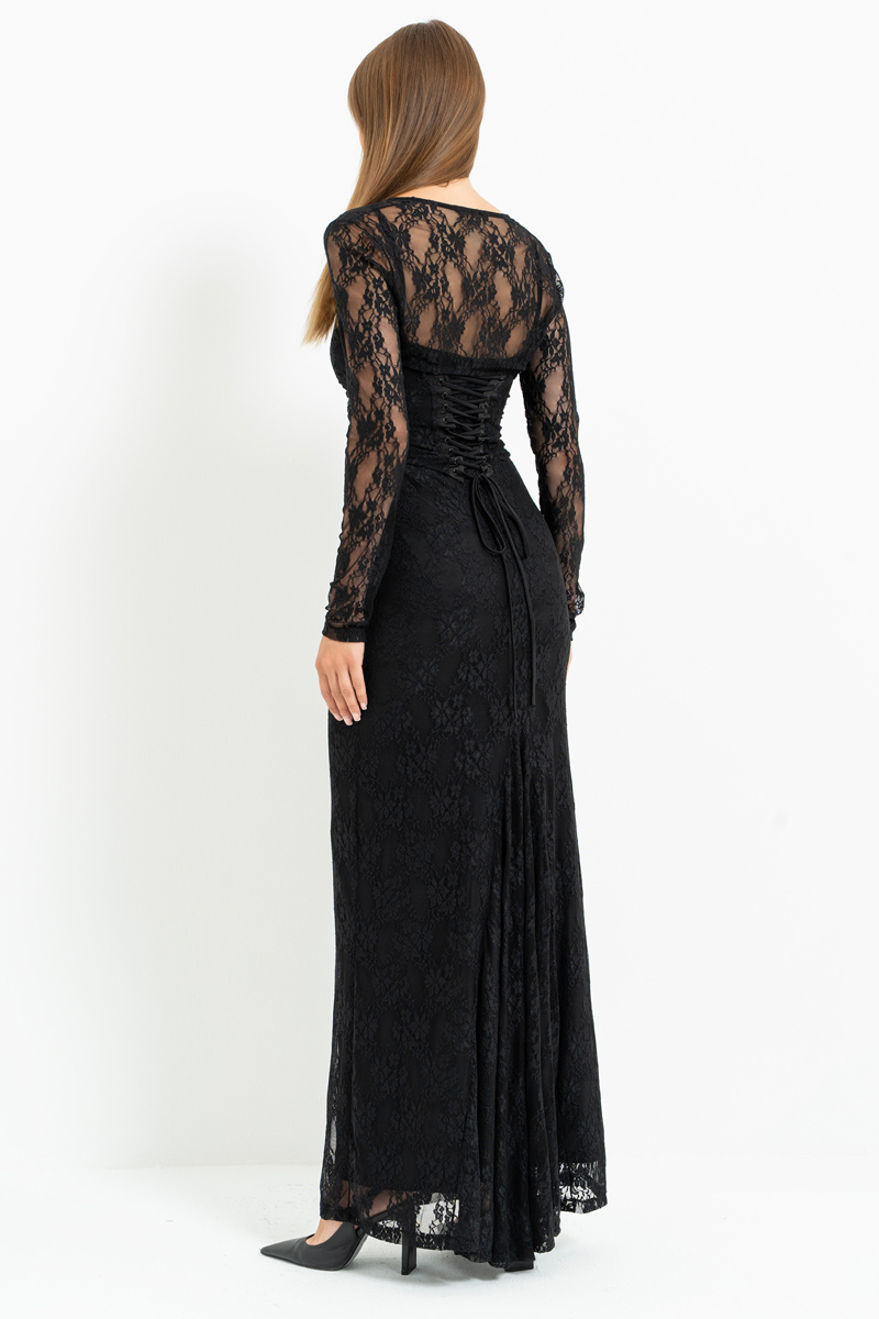 Siyah İp Askılı Uzun Dantel Elbise & Bolero Takım