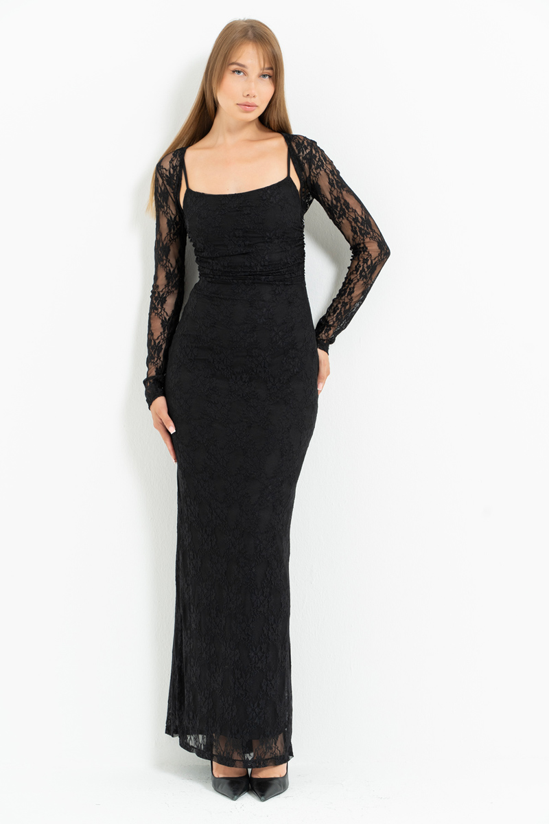 Siyah İp Askılı Uzun Dantel Elbise & Bolero Takım