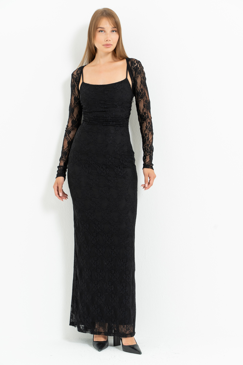 Siyah İp Askılı Uzun Dantel Elbise & Bolero Takım