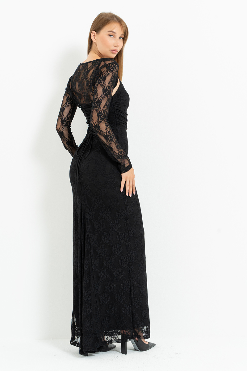 Siyah İp Askılı Uzun Dantel Elbise & Bolero Takım