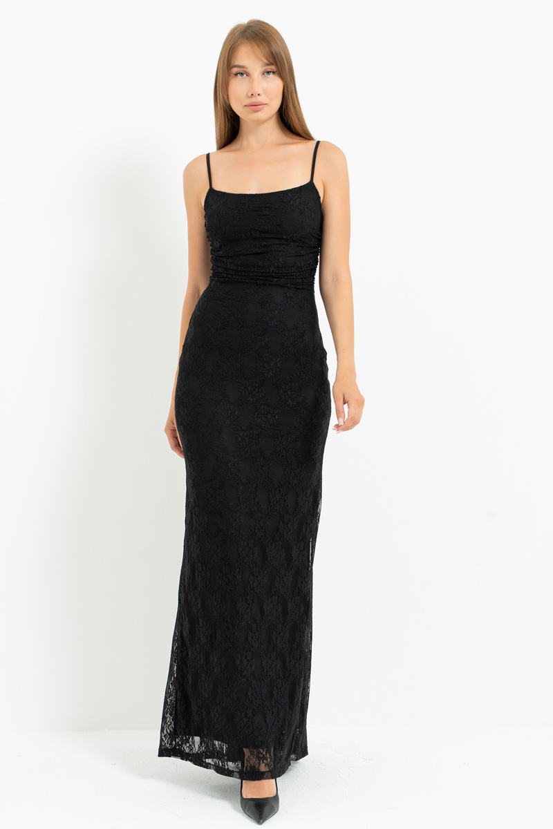 Siyah İp Askılı Uzun Dantel Elbise & Bolero Takım