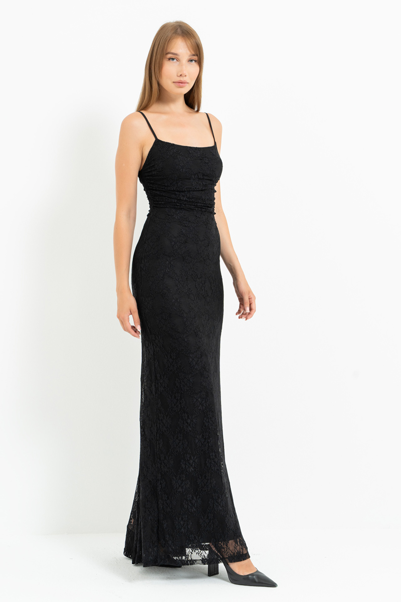 Siyah İp Askılı Uzun Dantel Elbise & Bolero Takım