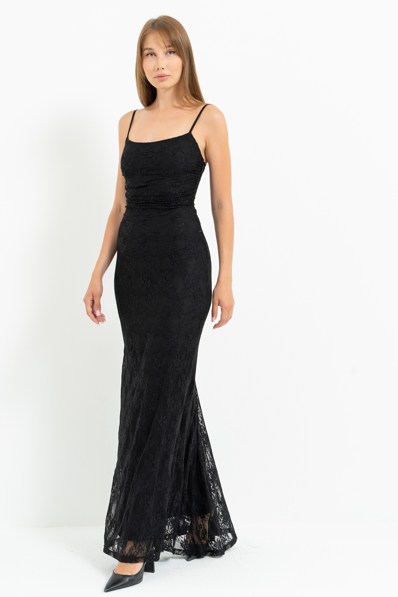 Siyah İp Askılı Uzun Dantel Elbise & Bolero Takım