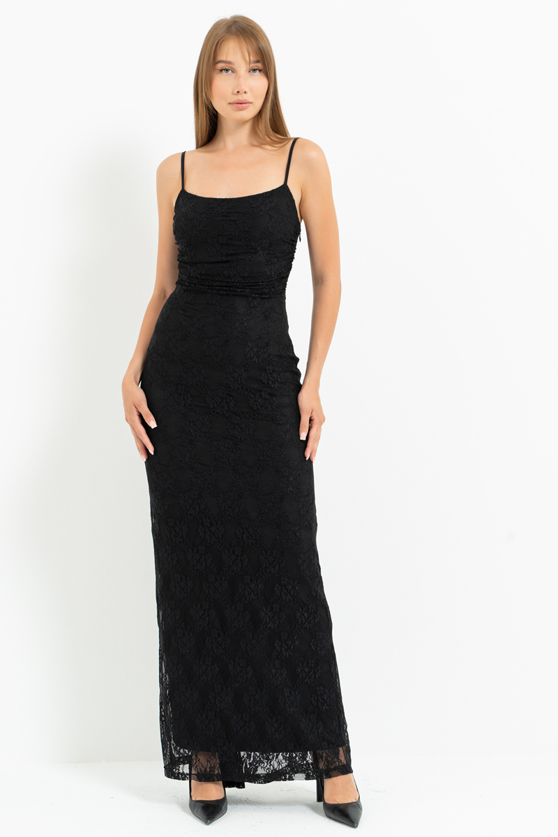 Siyah İp Askılı Uzun Dantel Elbise & Bolero Takım