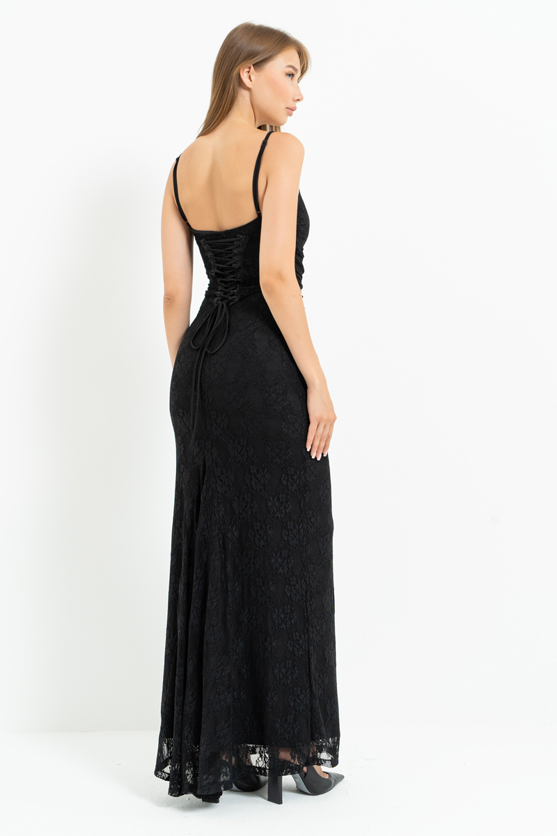 Siyah İp Askılı Uzun Dantel Elbise & Bolero Takım