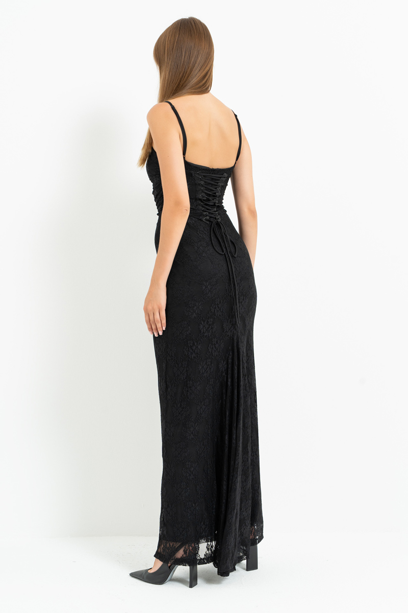 Siyah İp Askılı Uzun Dantel Elbise & Bolero Takım