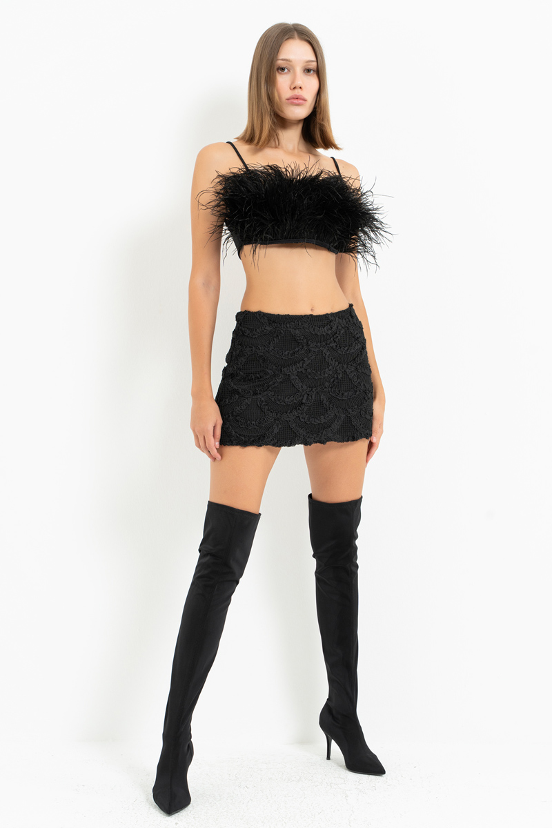 Siyah Fermuarlı Astarlı Güpür Etek