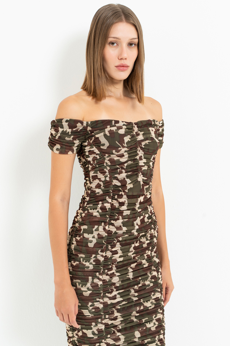 Bej & Khaki Straplez Büzgülü Midi Elbise