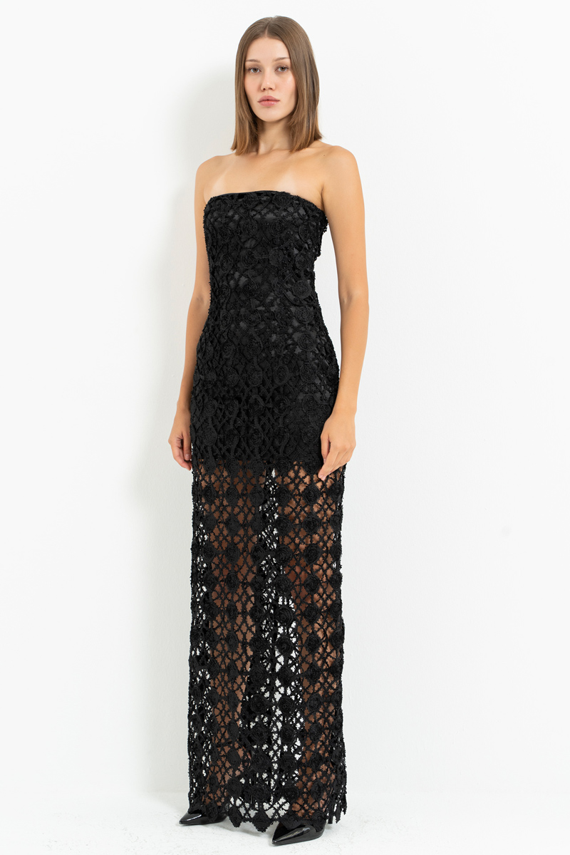 Siyah Mini Astarlı Uzun File Elbise