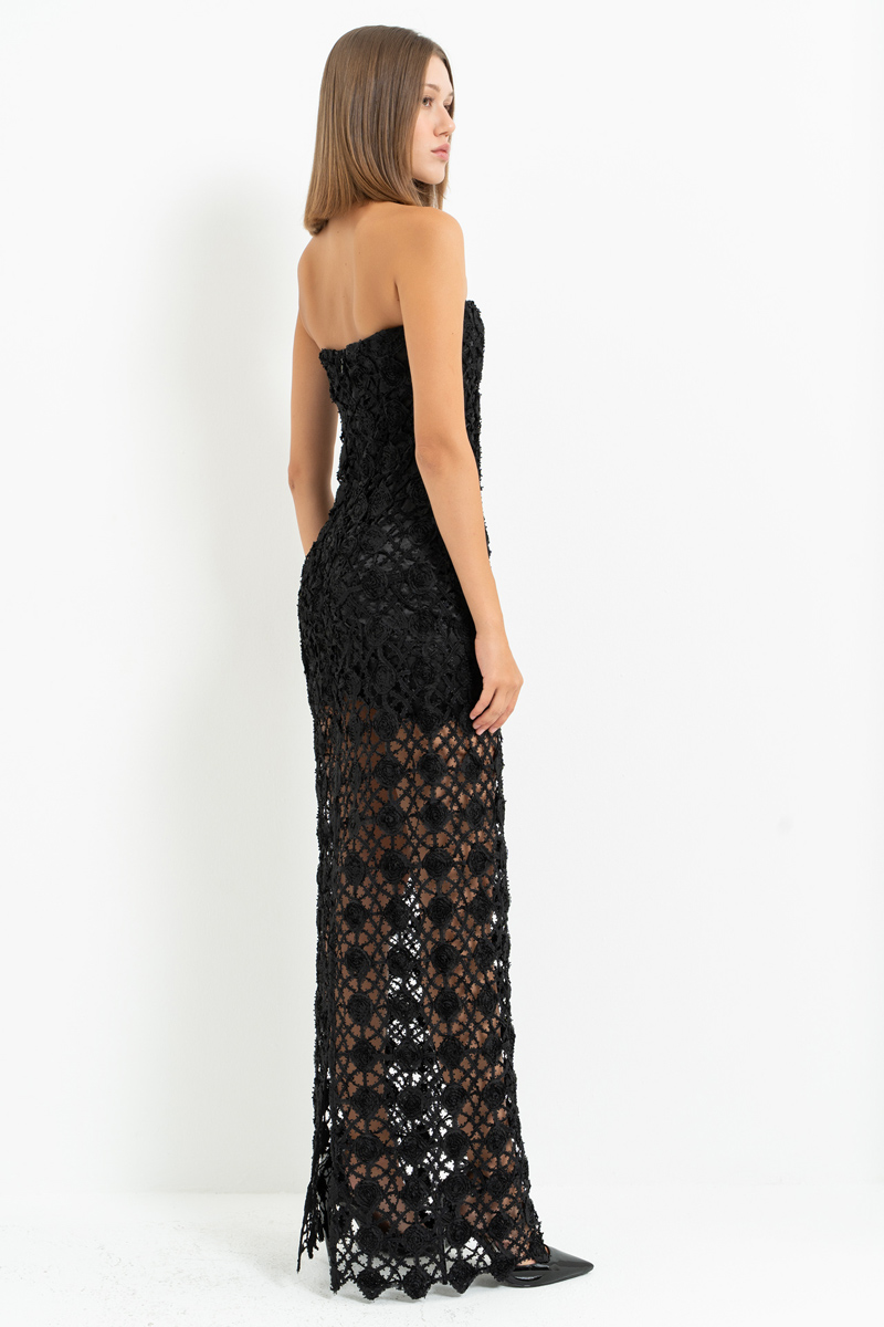 Siyah Mini Astarlı Uzun File Elbise