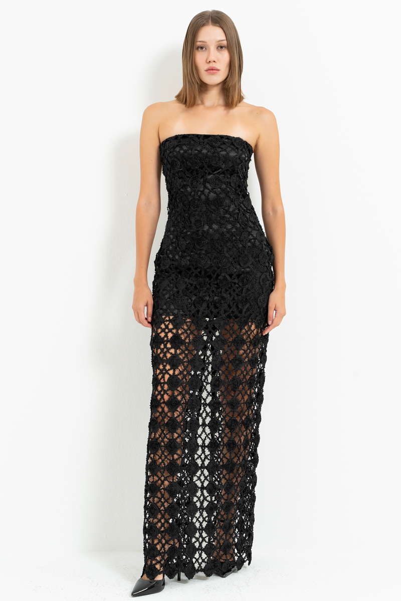 Siyah Mini Astarlı Uzun File Elbise