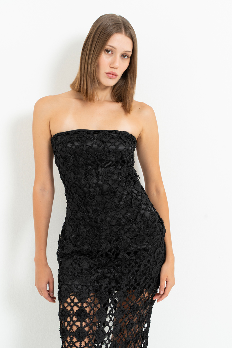 Siyah Mini Astarlı Uzun File Elbise