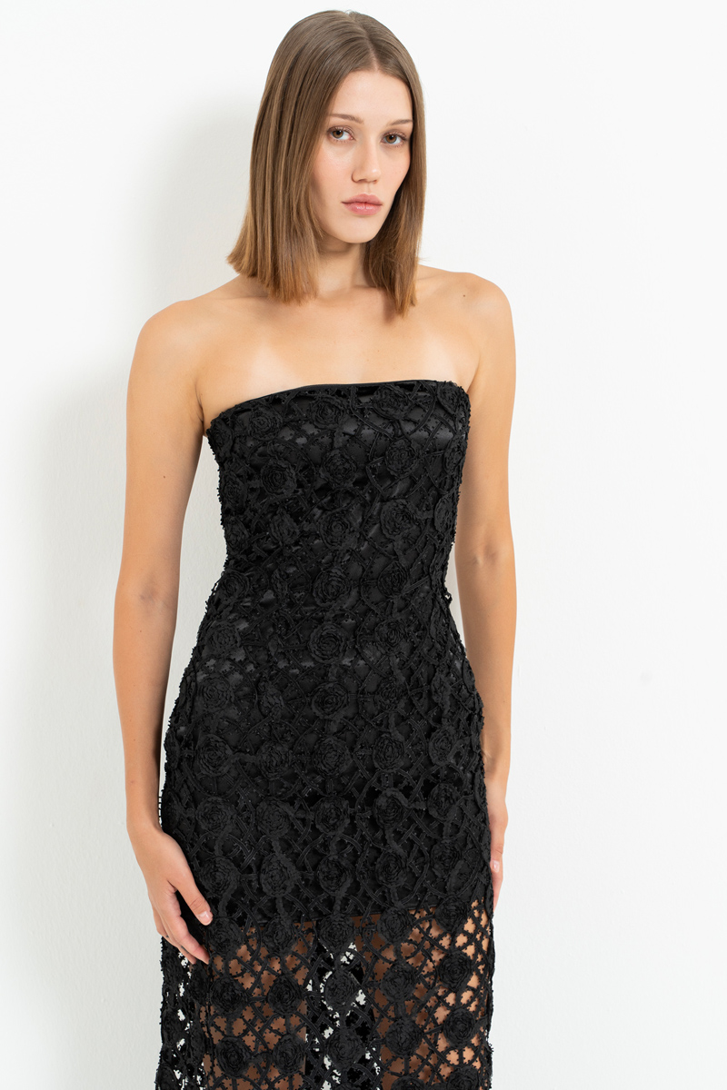 Siyah Mini Astarlı Uzun File Elbise