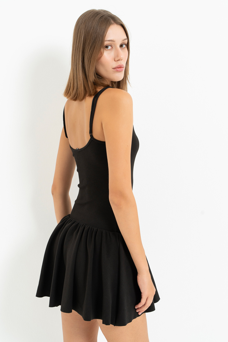 Siyah İp Askılı Mini Elbise