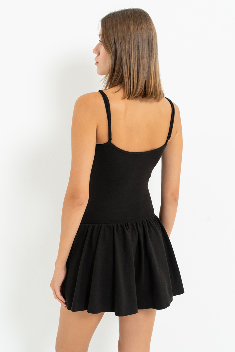 Siyah İp Askılı Mini Elbise