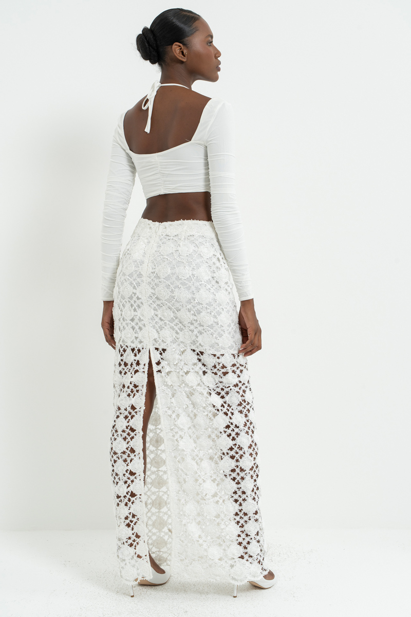 Off white Arkası Yırtmaç Detaylı Astarlı File Etek