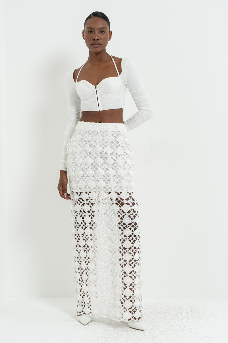 Off white Arkası Yırtmaç Detaylı Astarlı File Etek